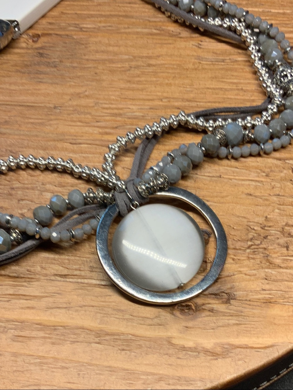 Christopher & Banks Gray Beaded Multi-Strand Necklace with Silver Circle Pendant